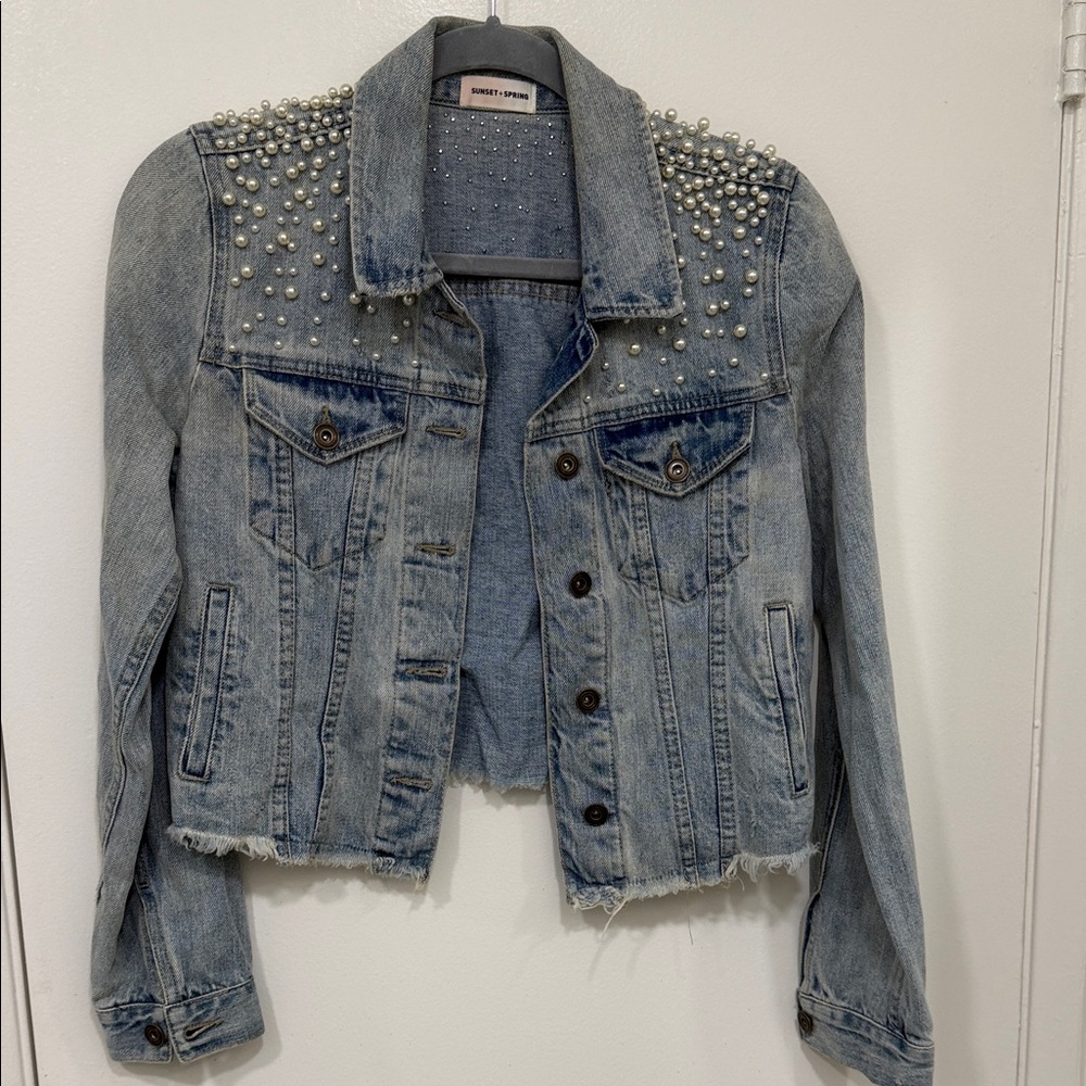 Light Blue Pearl Studded Jean Jacket